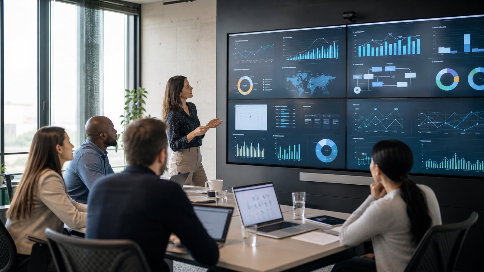 Team in einem modernen Büro betrachtet vernetzte Unternehmenskennzahlen auf Bildschirmen