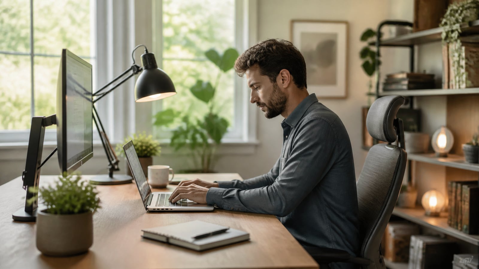 Geordnete ergonomische thuiswerkplek met monitor, bureau en comfortabele stoel