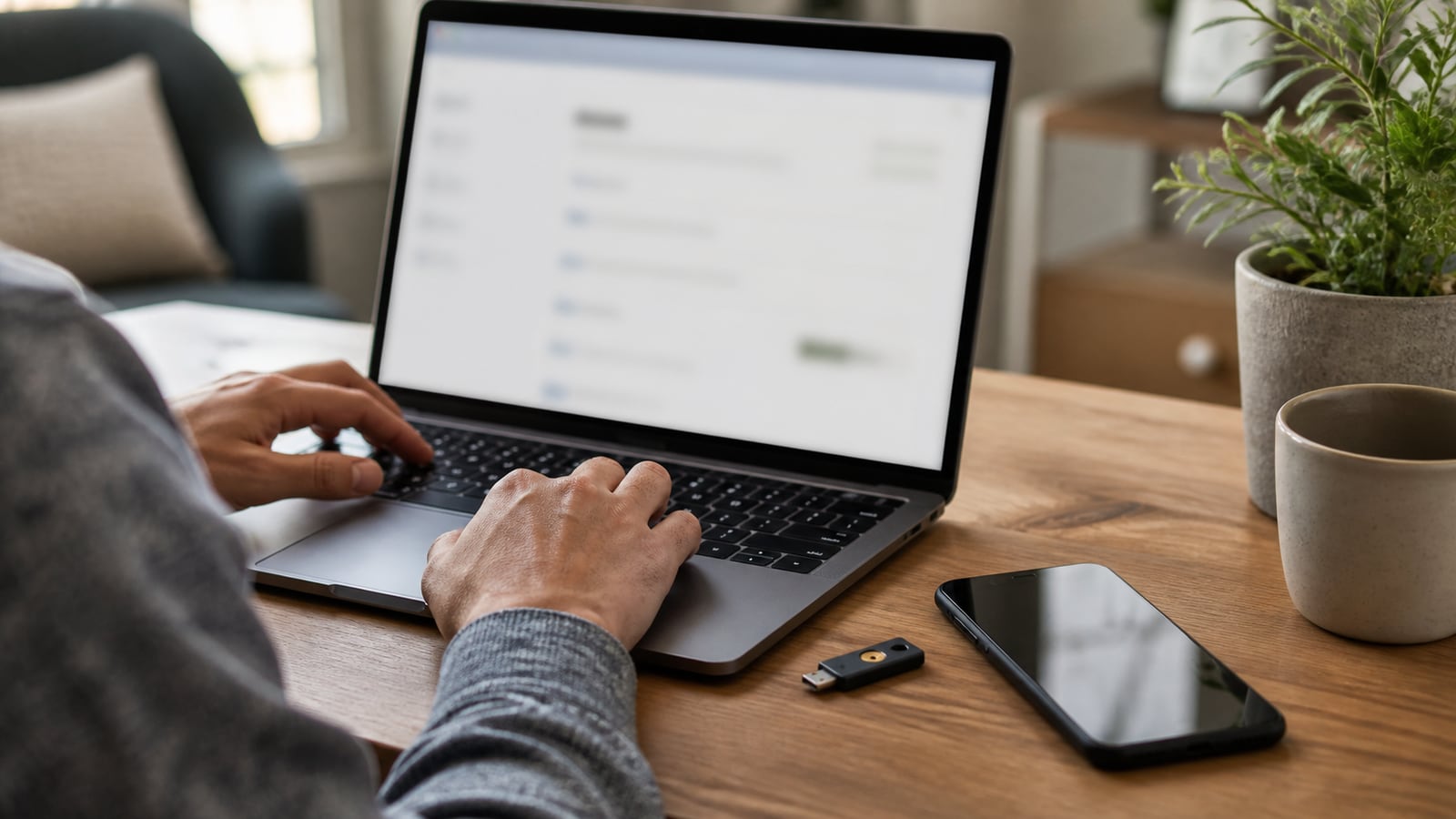 Persoon controleert accountbeveiliging met laptop, smartphone en beveiligingssleutel