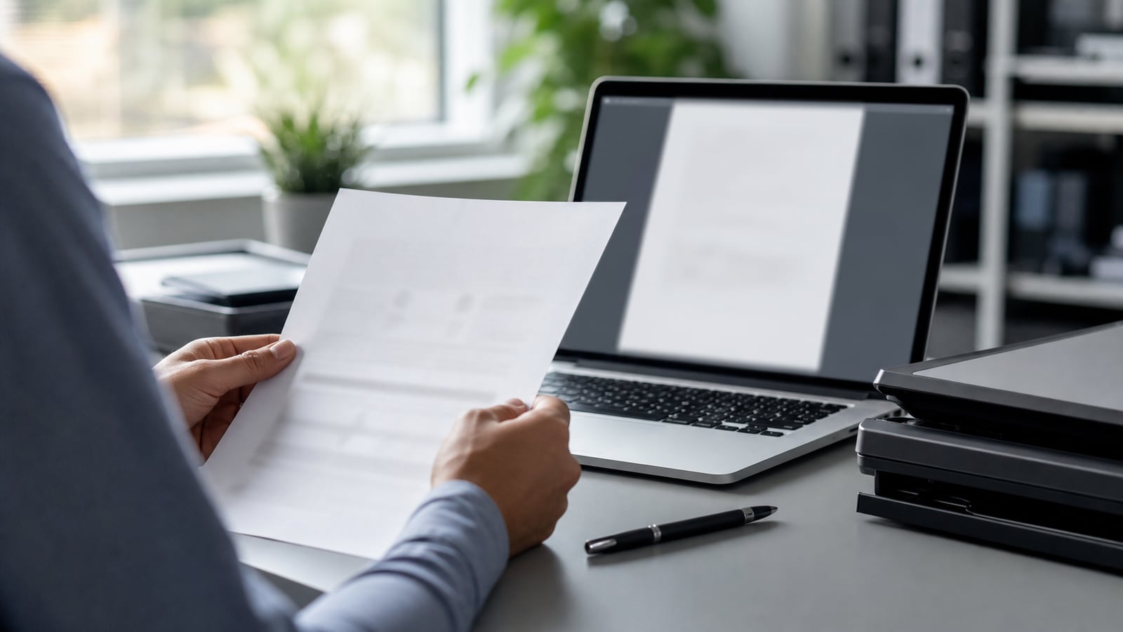 Handen controleren een document naast laptop en scanner op een opgeruimd bureau