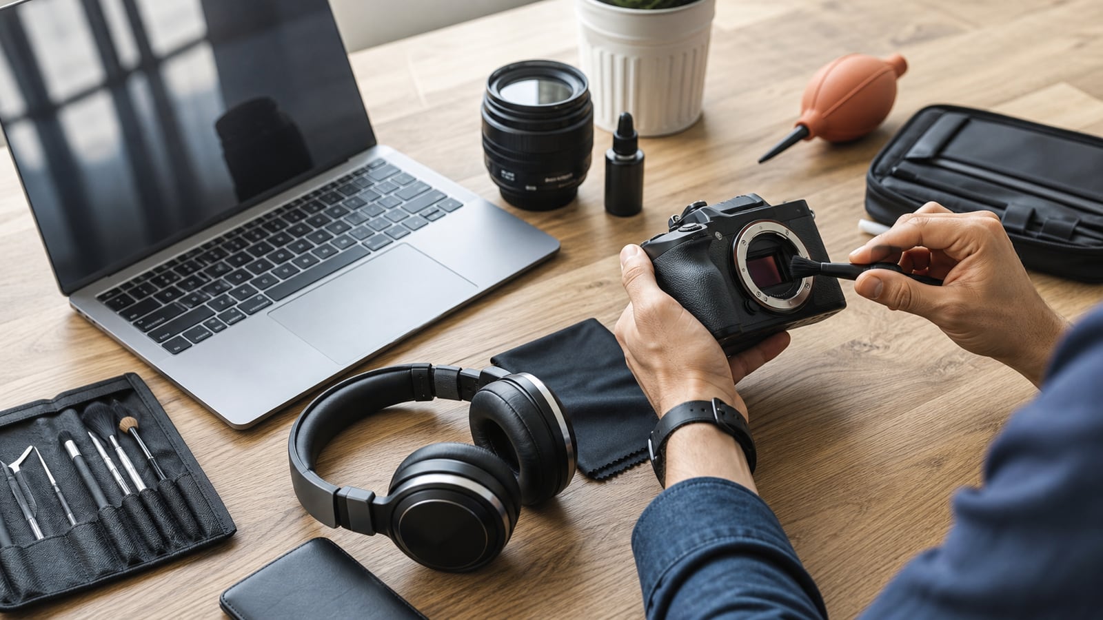 Handen onderhouden laptop, camera en koptelefoon op een nette werkbank