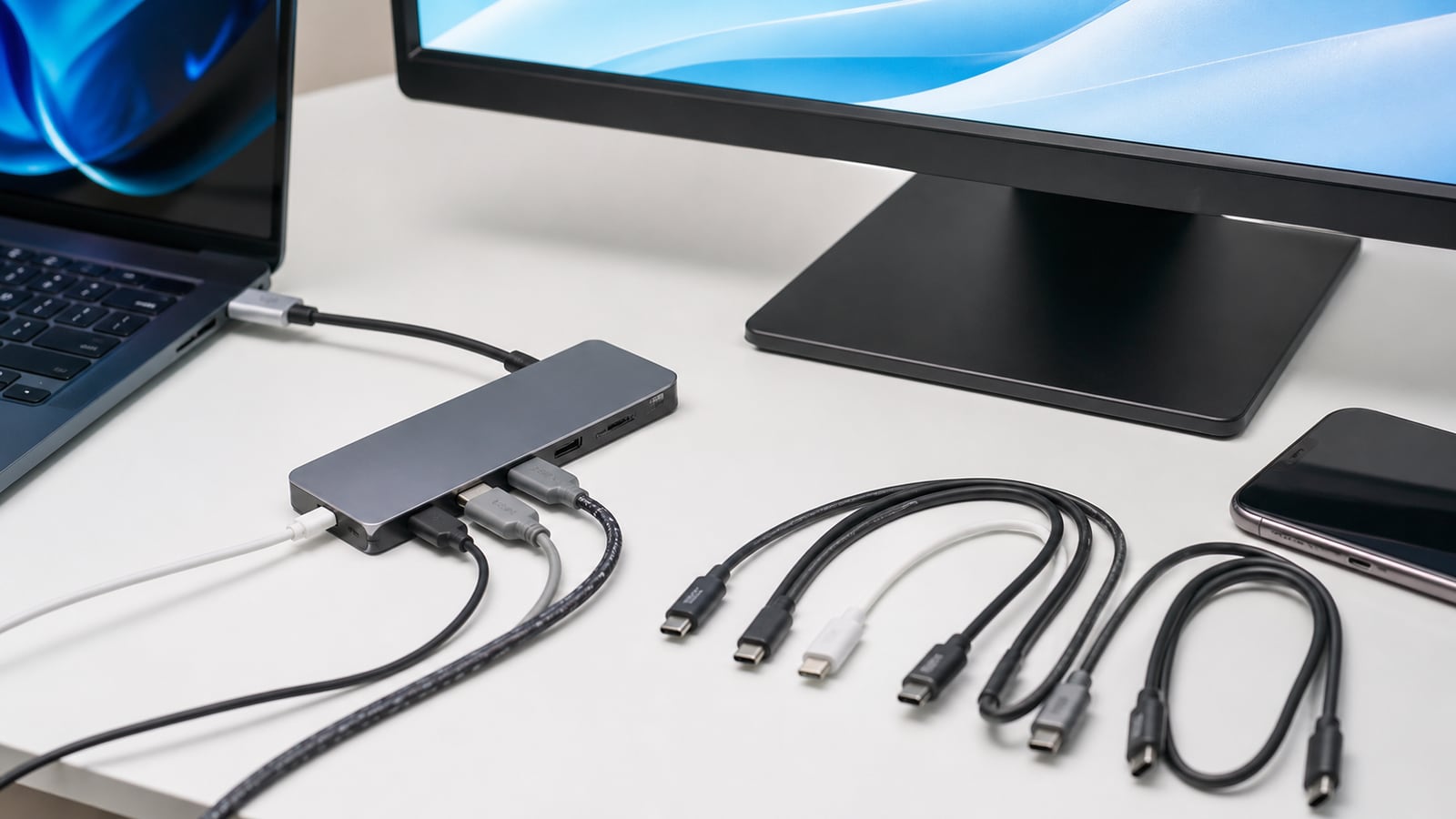 Verschillende USB-C-kabels naast laptop, monitor, telefoon en dockinghub