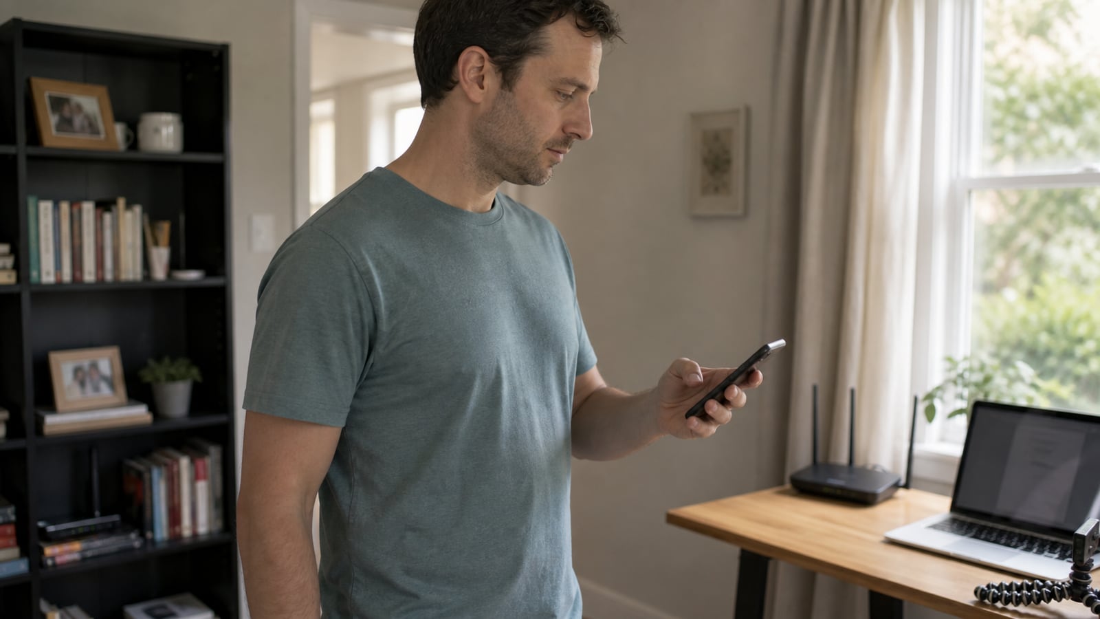 Persoon meet met smartphone de wifi-verbinding in een kamer bij een router